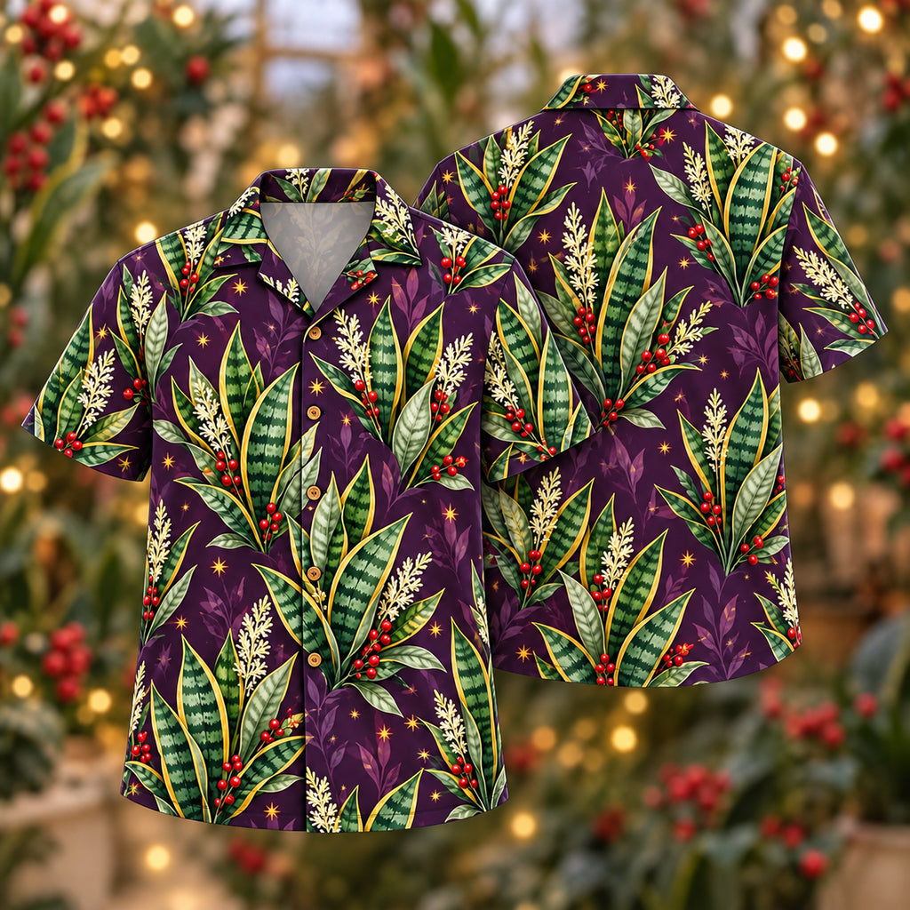Digital mockup: front and back of one AlohaVero Christmas Jade Sansevieria Plum Aloha No Pocket Hawaiian shirt