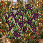 Digital mockup: front and back of one AlohaVero Christmas Jade Sansevieria Plum Aloha No Pocket Hawaiian shirt