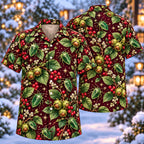Digital mockup: front and back of one AlohaVero Christmas Jade Shieldbug Hazel Burgundy Aloha No Pocket Hawaiian shirt