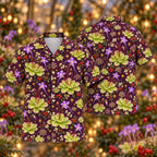 Digital mockup: front and back of one AlohaVero Christmas Jade Violet Butterwort Plum Aloha No Pocket Hawaiian shirt