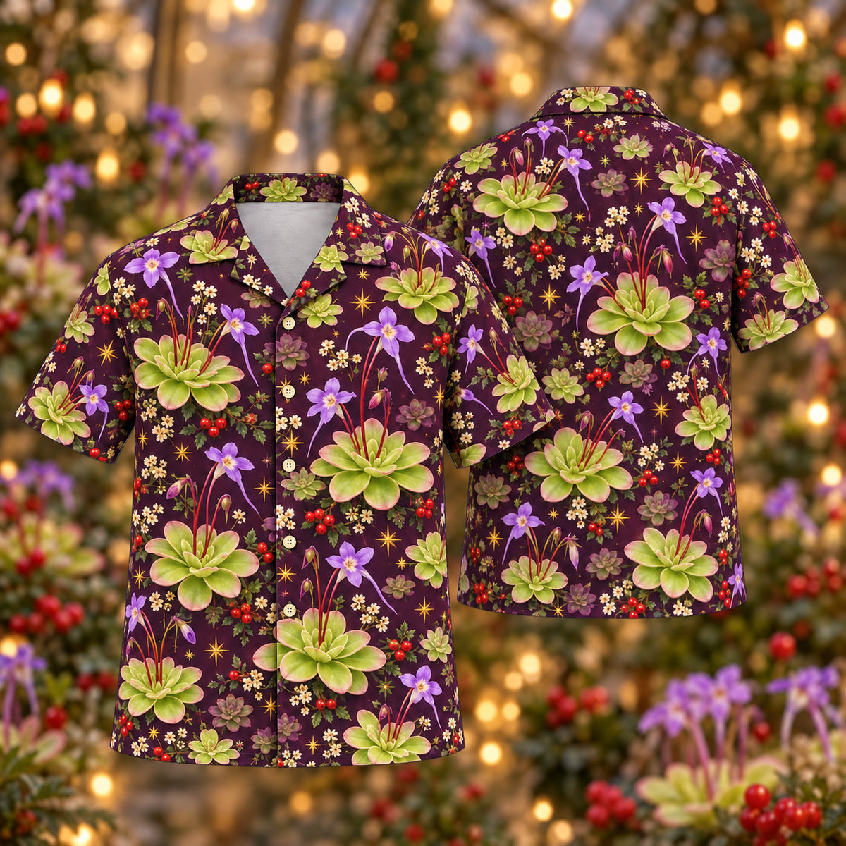 Digital mockup: front and back of one AlohaVero Christmas Jade Violet Butterwort Plum Aloha No Pocket Hawaiian shirt