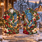 Digital mockup: front and back of one AlohaVero Christmas Jewel Hummingbird Conservatory Print No Pocket Hawaiian shirt