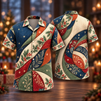 Digital mockup: front and back of one AlohaVero Christmas Kantha Indigo Terracotta Curves No Pocket Hawaiian shirt