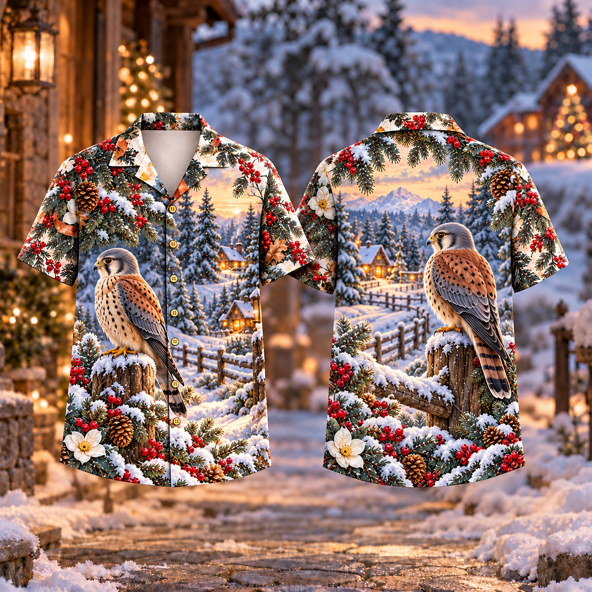 Digital mockup: front and back of one AlohaVero Christmas Kestrel Winter Watch Print No Pocket Hawaiian shirt
