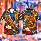 Digital mockup: front and back of one AlohaVero Christmas Kinkajou Lantern Bough Print No Pocket Hawaiian shirt