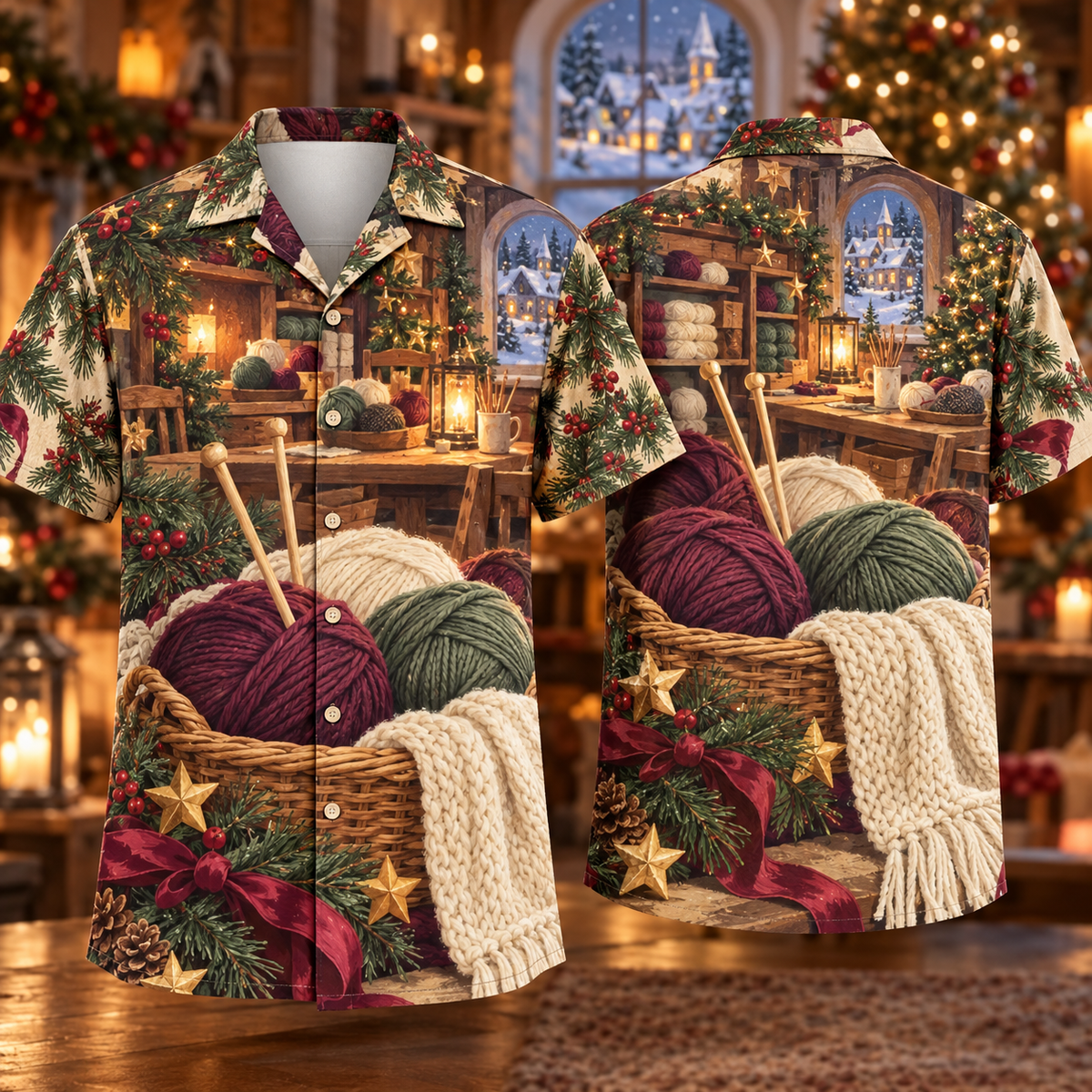 Digital mockup: front and back of one AlohaVero Christmas Knitting Workshop Plum Sage Cream No Pocket Hawaiian shirt