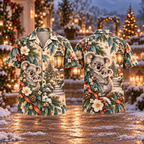 Digital mockup: front and back of one AlohaVero Christmas Koala Joey Embrace Silver Teal Ivory No Pocket Hawaiian shirt