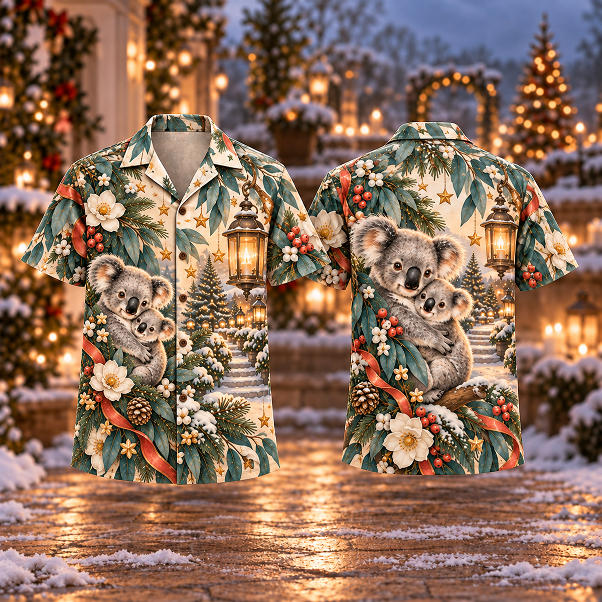 Digital mockup: front and back of one AlohaVero Christmas Koala Joey Embrace Silver Teal Ivory No Pocket Hawaiian shirt
