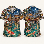 Digital mockup: front and back of one AlohaVero Christmas Koi Moonbridge Lantern Pond No Pocket Hawaiian shirt
