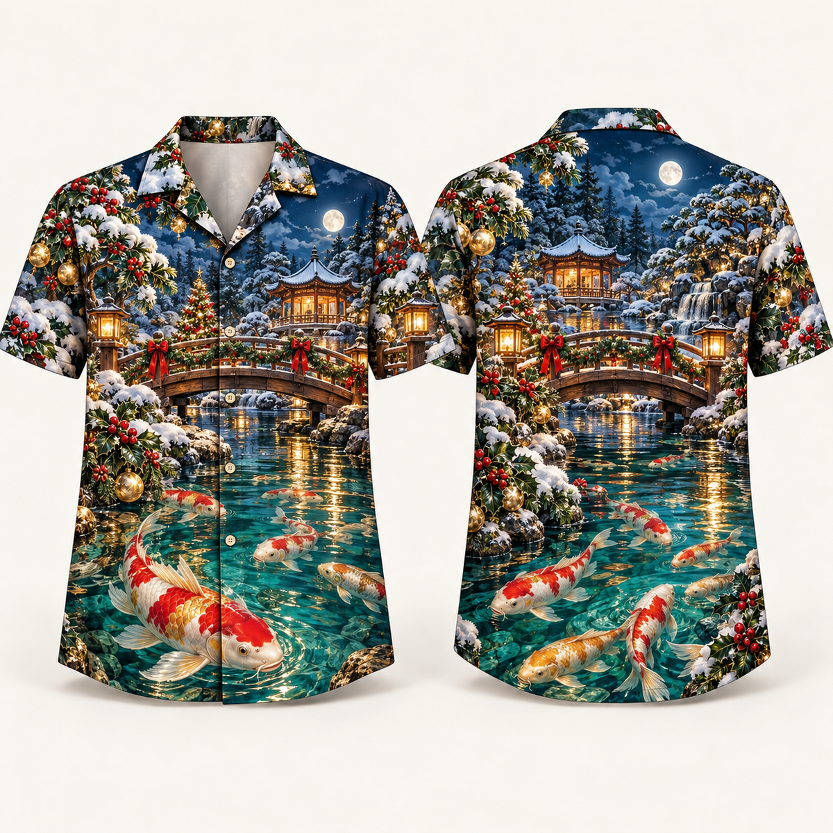 Digital mockup: front and back of one AlohaVero Christmas Koi Moonbridge Lantern Pond No Pocket Hawaiian shirt