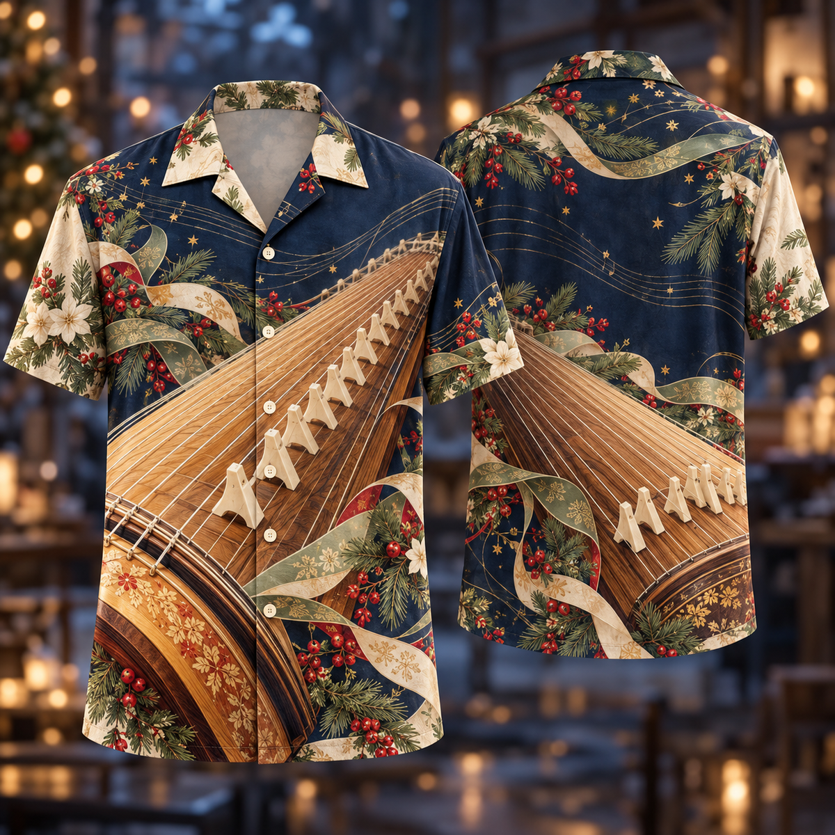 Digital mockup: front and back of one AlohaVero Christmas Koto Honey Indigo No Pocket Hawaiian shirt