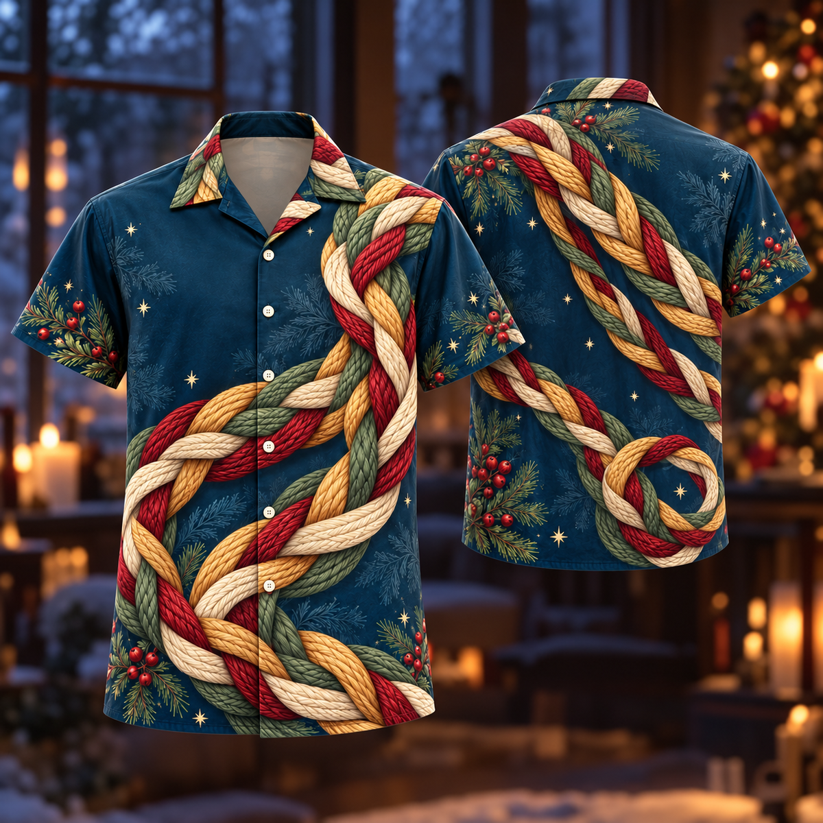 Digital mockup: front and back of one AlohaVero Christmas Kumihimo Garnet Petrol No Pocket Hawaiian shirt