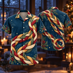 Digital mockup: front and back of one AlohaVero Christmas Kumihimo Garnet Petrol No Pocket Hawaiian shirt