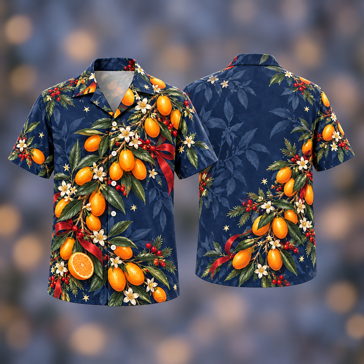 Digital mockup: front and back of one AlohaVero Christmas Kumquat Gold Indigo No Pocket Hawaiian shirt