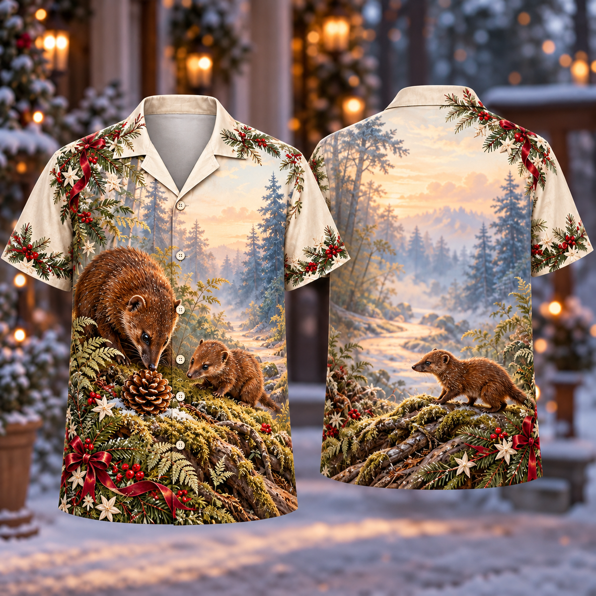 Digital mockup: front and back of one AlohaVero Christmas Kusimanse Russet Moss Family No Pocket Hawaiian shirt