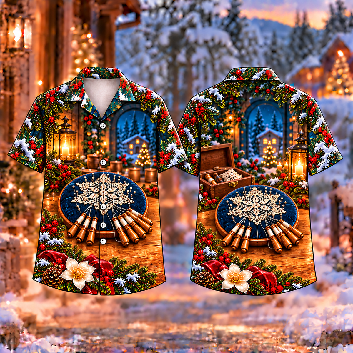 Digital mockup: front and back of one AlohaVero Christmas Lacemaker Winter Keepsake Print No Pocket Hawaiian shirt