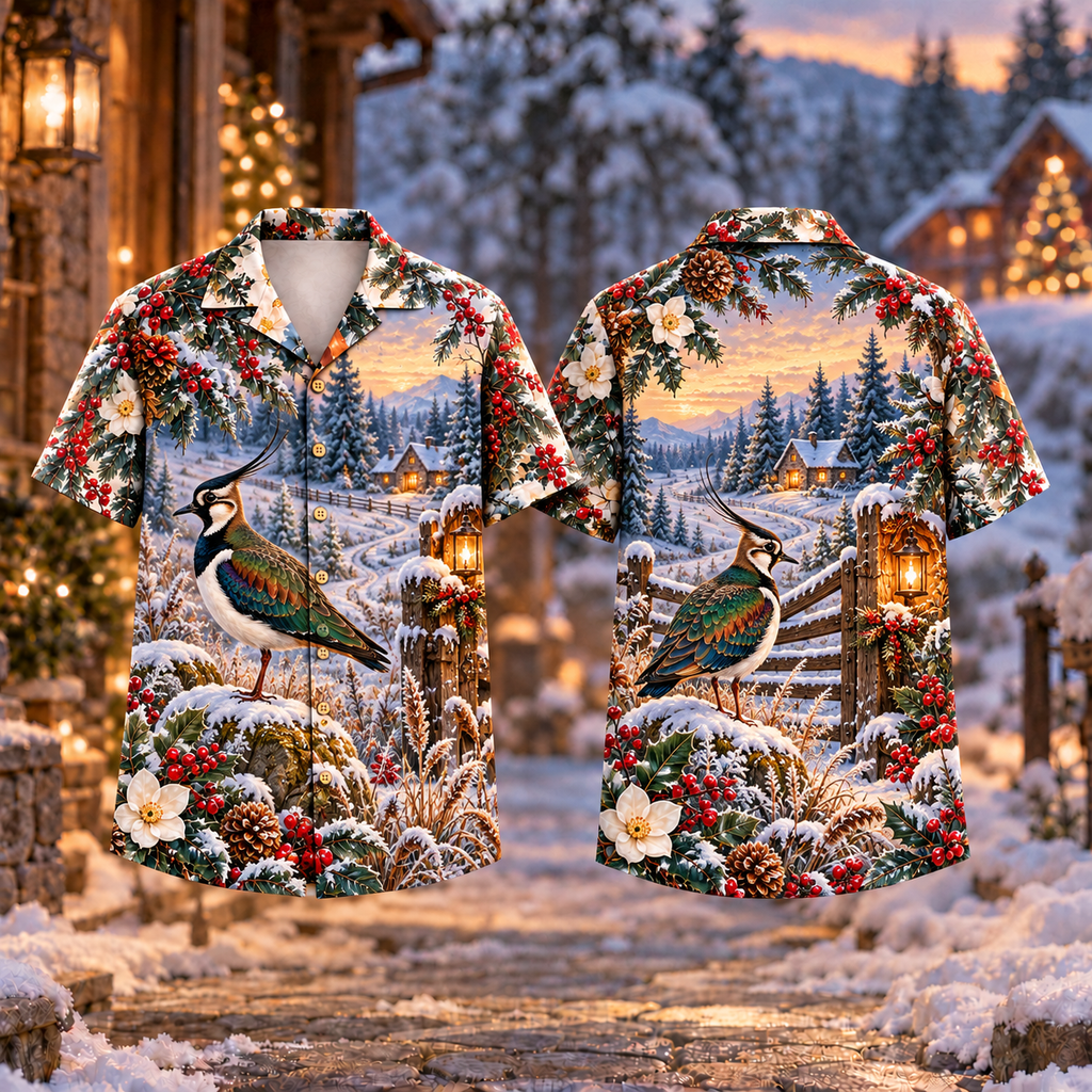 Digital mockup: front and back of one AlohaVero Christmas Lapwing Meadow Gate Print No Pocket Hawaiian shirt