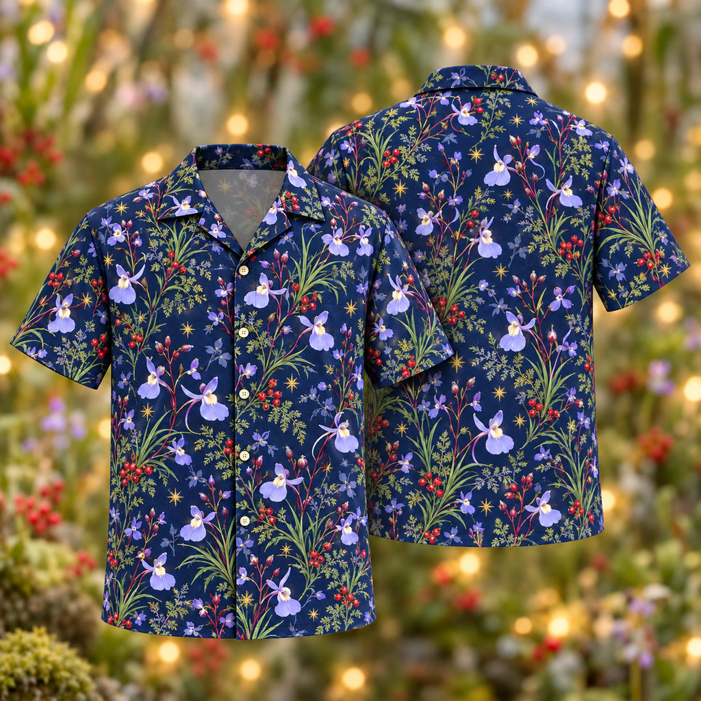 Digital mockup: front and back of one AlohaVero Christmas Lavender Bladderwort Indigo Aloha No Pocket Hawaiian shirt