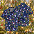 Digital mockup: front and back of one AlohaVero Christmas Lavender Bladderwort Indigo Aloha No Pocket Hawaiian shirt