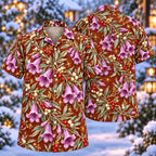Digital mockup: front and back of one AlohaVero Christmas Lavender Emu Bush Copper Aloha No Pocket Hawaiian shirt