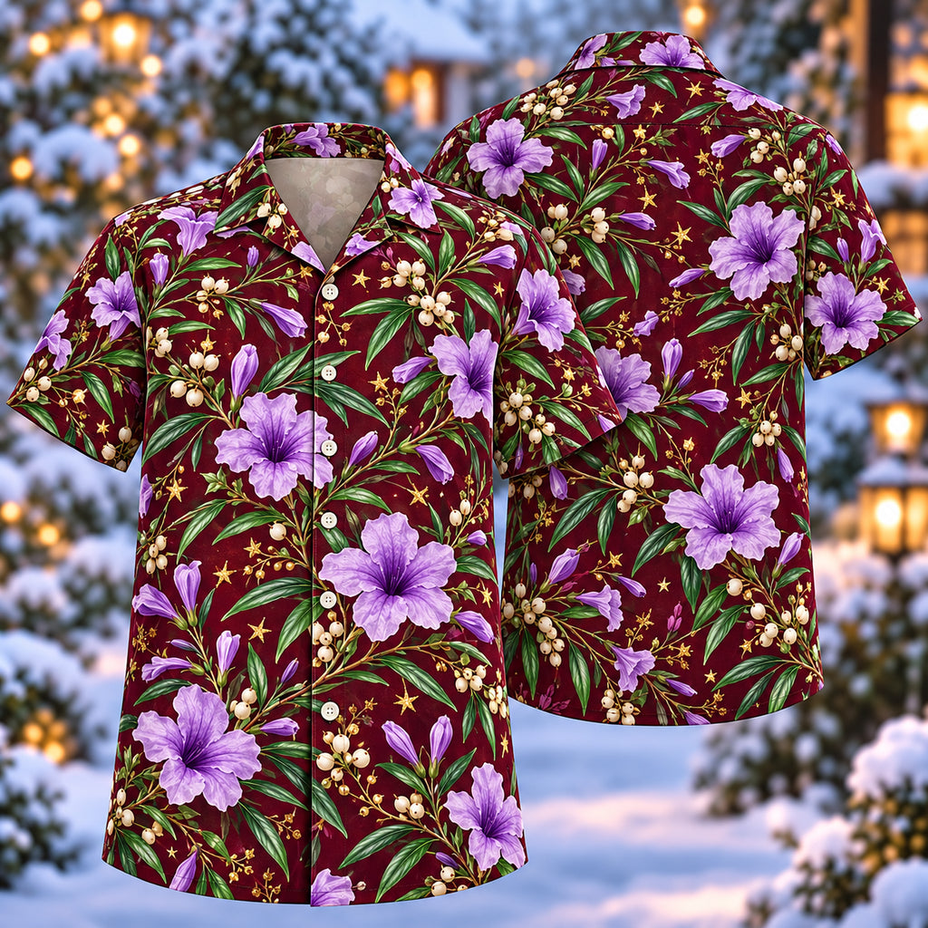 Digital mockup: front and back of one AlohaVero Christmas Lavender Mexican Petunia Wine Aloha No Pocket Hawaiian shirt