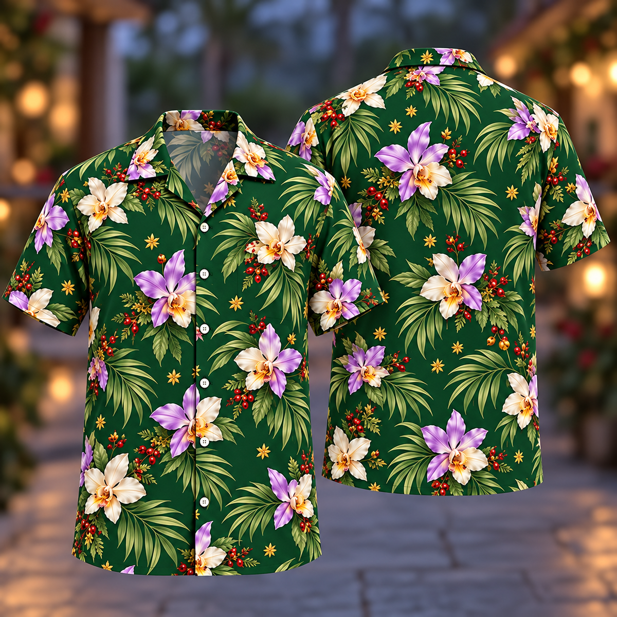 Digital mockup: front and back of one AlohaVero Christmas Lavender Orchid Areca Forest Aloha No Pocket Hawaiian shirt