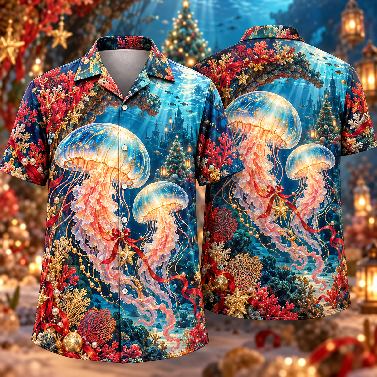 Digital mockup: front and back of one AlohaVero Christmas Layered Glass Illusion Jellyfish Sapphire Coral Gold Ocean No Pocket Hawaiian shirt