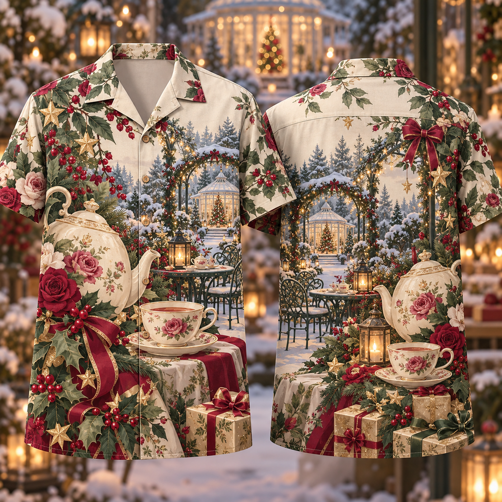 Digital mockup: front and back of one AlohaVero Christmas Layered Illustration Tea Garden Rose Sage Cream No Pocket Hawaiian shirt