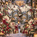 Digital mockup: front and back of one AlohaVero Christmas Layered Illustration Tea Garden Rose Sage Cream No Pocket Hawaiian shirt