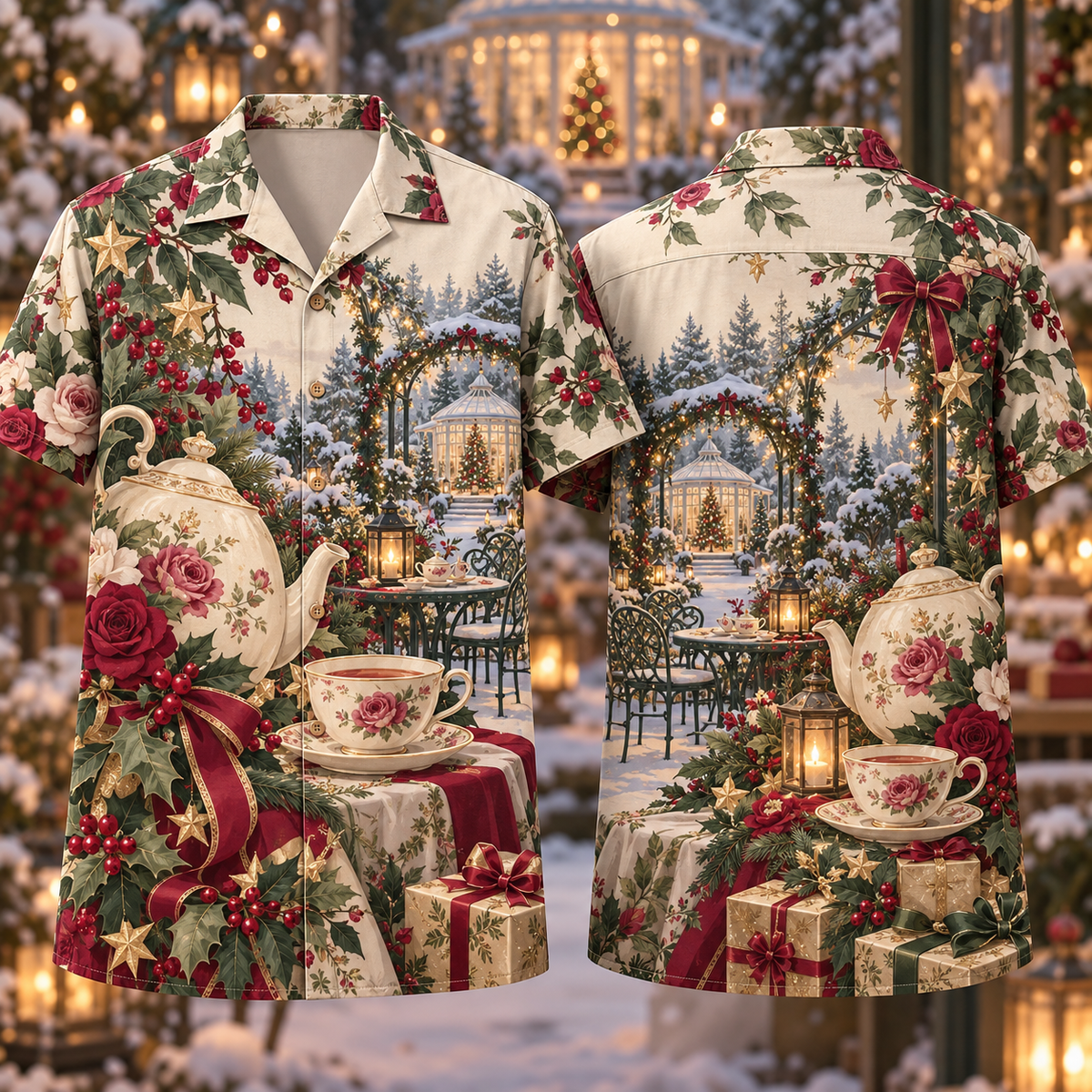 Digital mockup: front and back of one AlohaVero Christmas Layered Illustration Tea Garden Rose Sage Cream No Pocket Hawaiian shirt