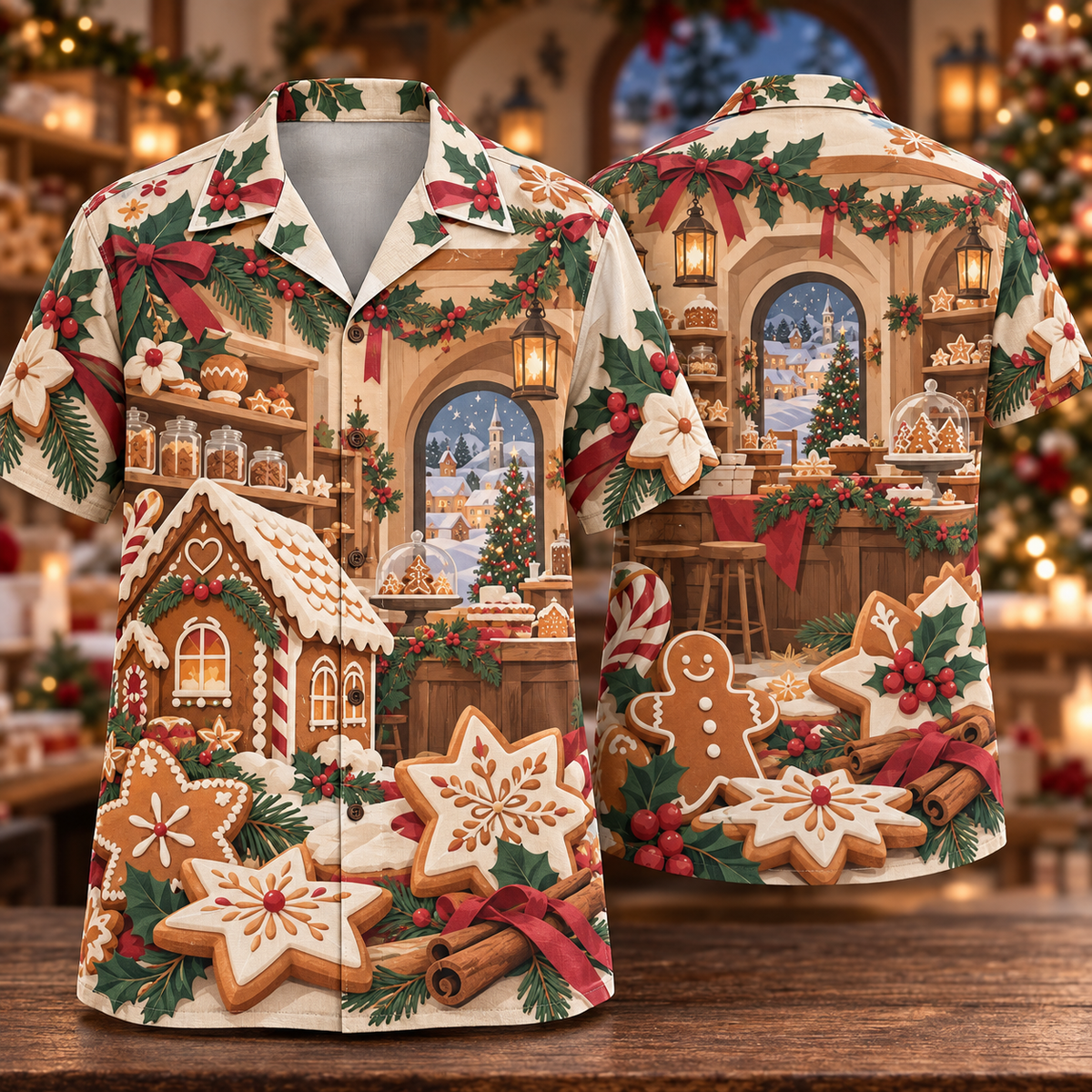 Digital mockup: front and back of one AlohaVero Christmas Layered Paper Cut Bakery Gingerbread Cinnamon Forest Green Cream No Pocket Hawaiian shirt