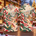 Digital mockup: front and back of one AlohaVero Christmas Layered Paper Cut Candy Forest Ruby Sage Cream No Pocket Hawaiian shirt