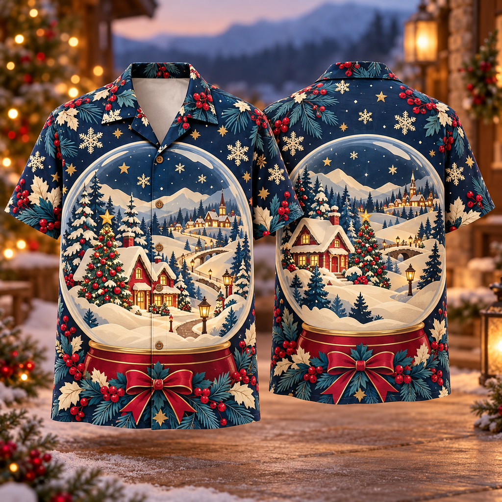 Digital mockup: front and back of one AlohaVero Christmas Layered Paper Cut Snow Globe Village Sapphire Cranberry Cream No Pocket Hawaiian shirt