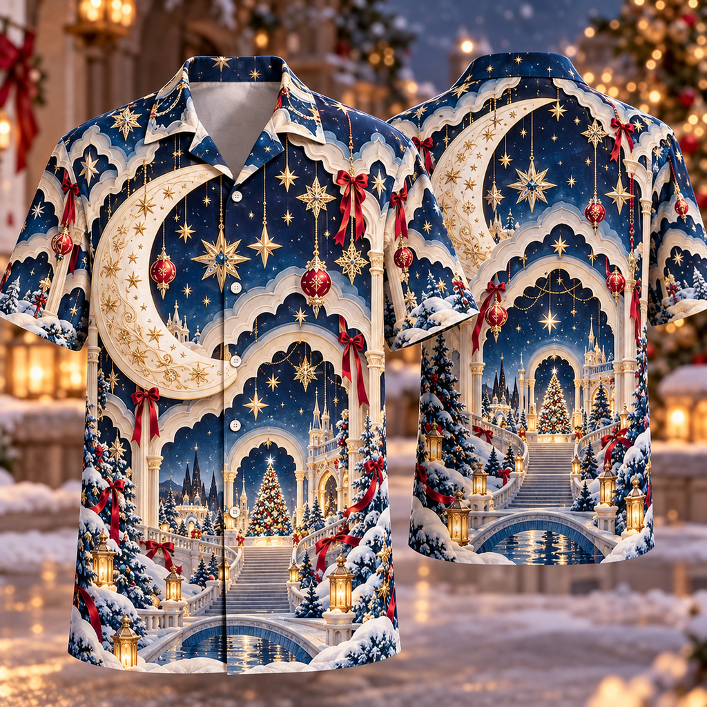 Digital mockup: front and back of one AlohaVero Christmas Layered Paper Moon Star Winter Palace Ivory Sapphire Gold No Pocket Hawaiian shirt