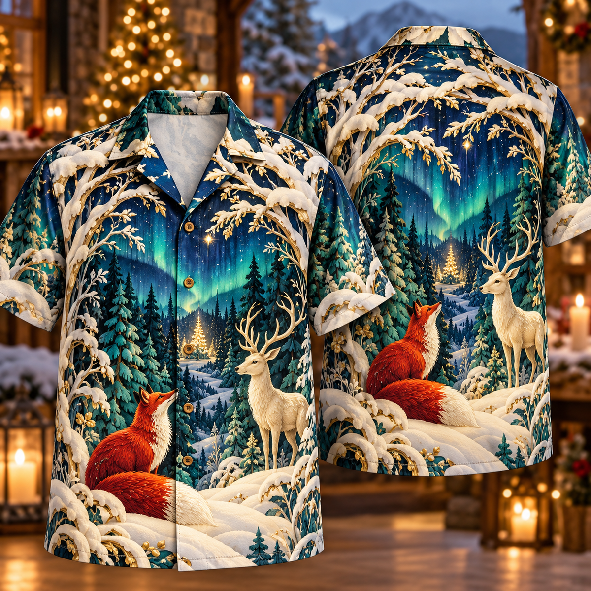 Digital mockup: front and back of one AlohaVero Christmas Layered Paper Woodland Fox Deer Sapphire Aurora No Pocket Hawaiian shirt