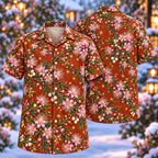 Digital mockup: front and back of one AlohaVero Christmas Lilac Fringe Myrtle Copper Aloha No Pocket Hawaiian shirt