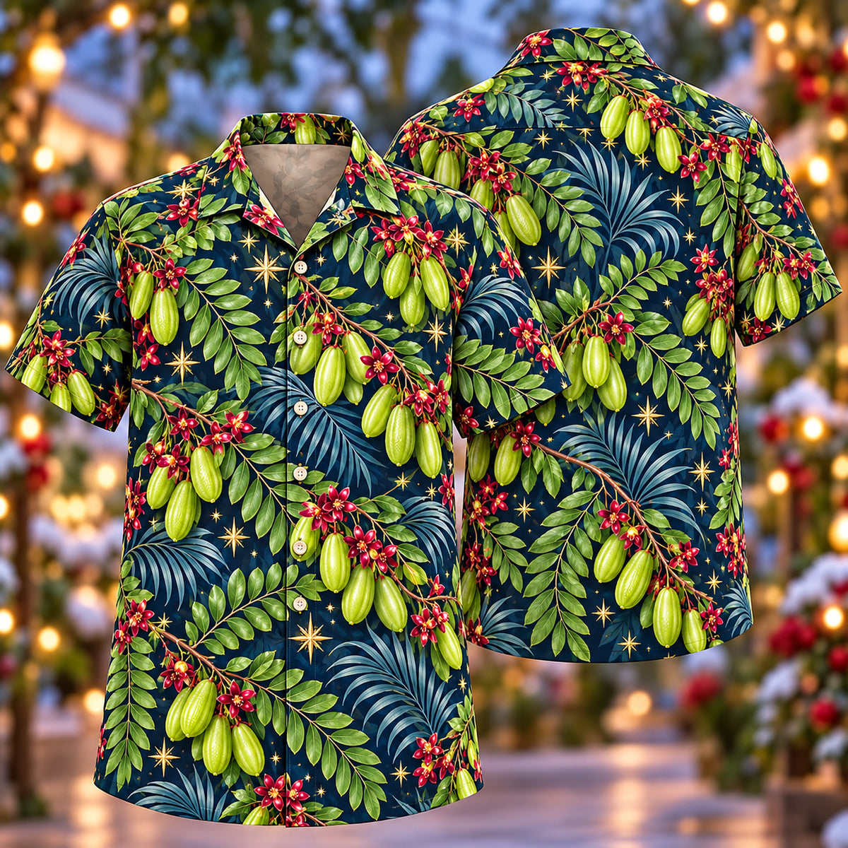 Digital mockup: front and back of one AlohaVero Christmas Lime Bilimbi Indigo Aloha No Pocket Hawaiian shirt