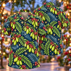 Digital mockup: front and back of one AlohaVero Christmas Lime Bilimbi Indigo Aloha No Pocket Hawaiian shirt
