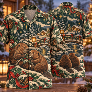 Christmas Linocut Beaver Riverside Copper Pine Ivory Hawaiian Shirt