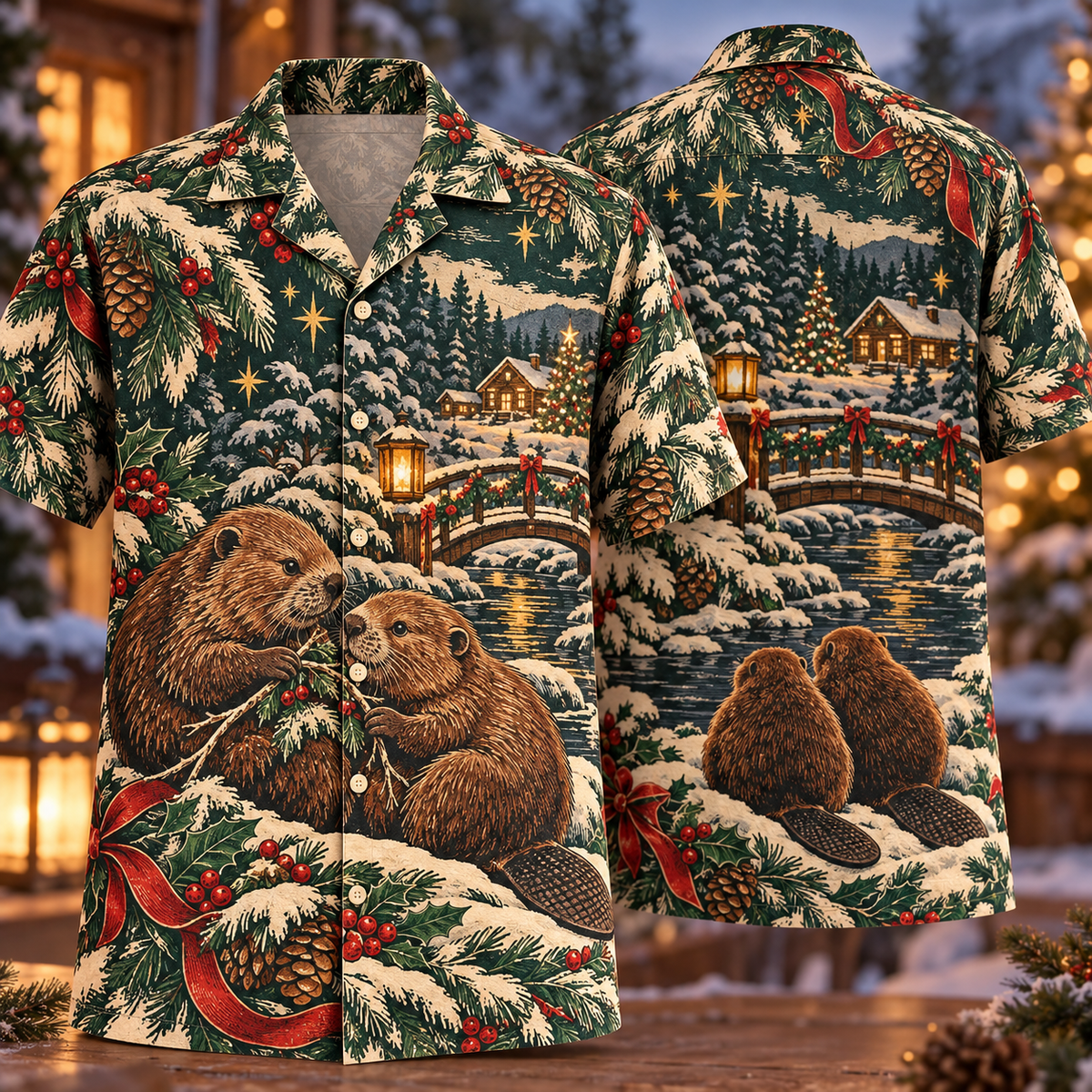 Digital mockup: front and back of one AlohaVero Christmas Linocut Beaver Riverside Copper Pine Ivory No Pocket Hawaiian shirt