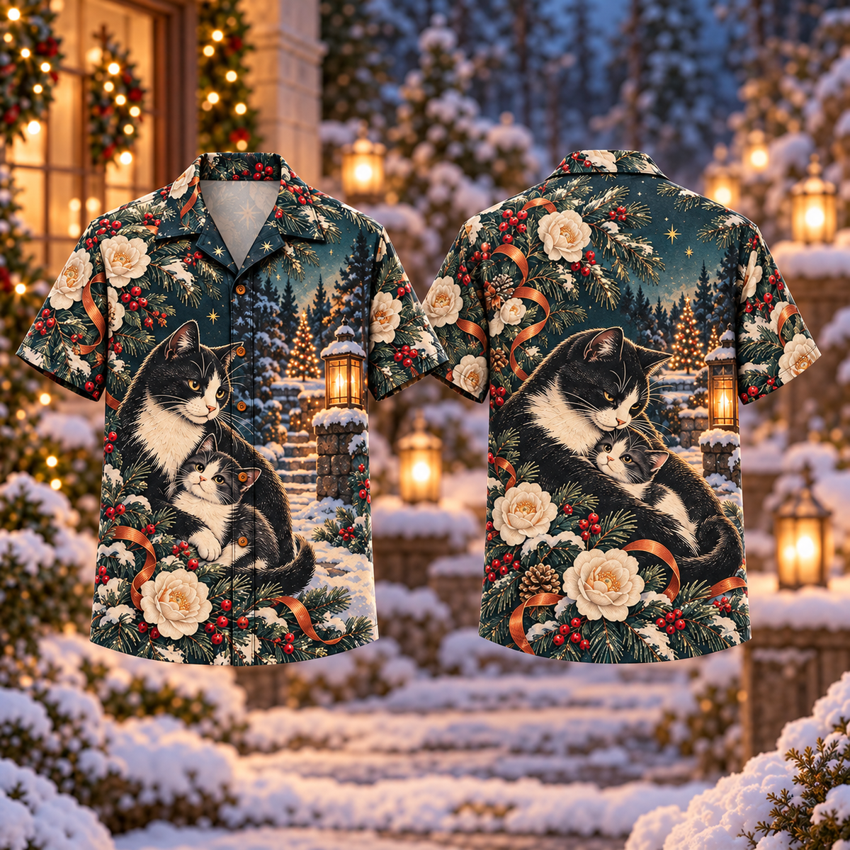 Digital mockup: front and back of one AlohaVero Christmas Linocut Cat Kitten Cuddle Charcoal Teal Ivory No Pocket Hawaiian shirt