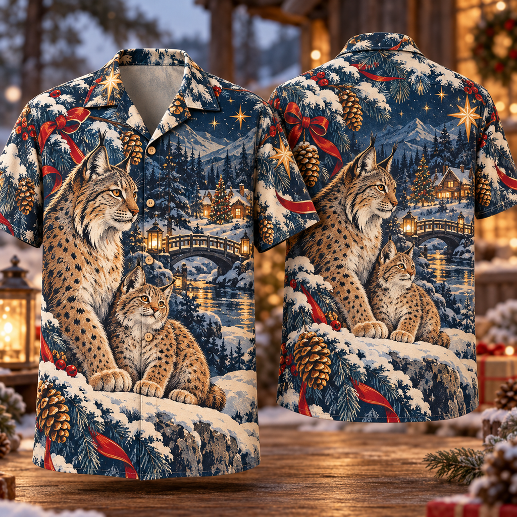 Digital mockup: front and back of one AlohaVero Christmas Linocut Lynx Snowy Forest Amber Navy Ivory No Pocket Hawaiian shirt
