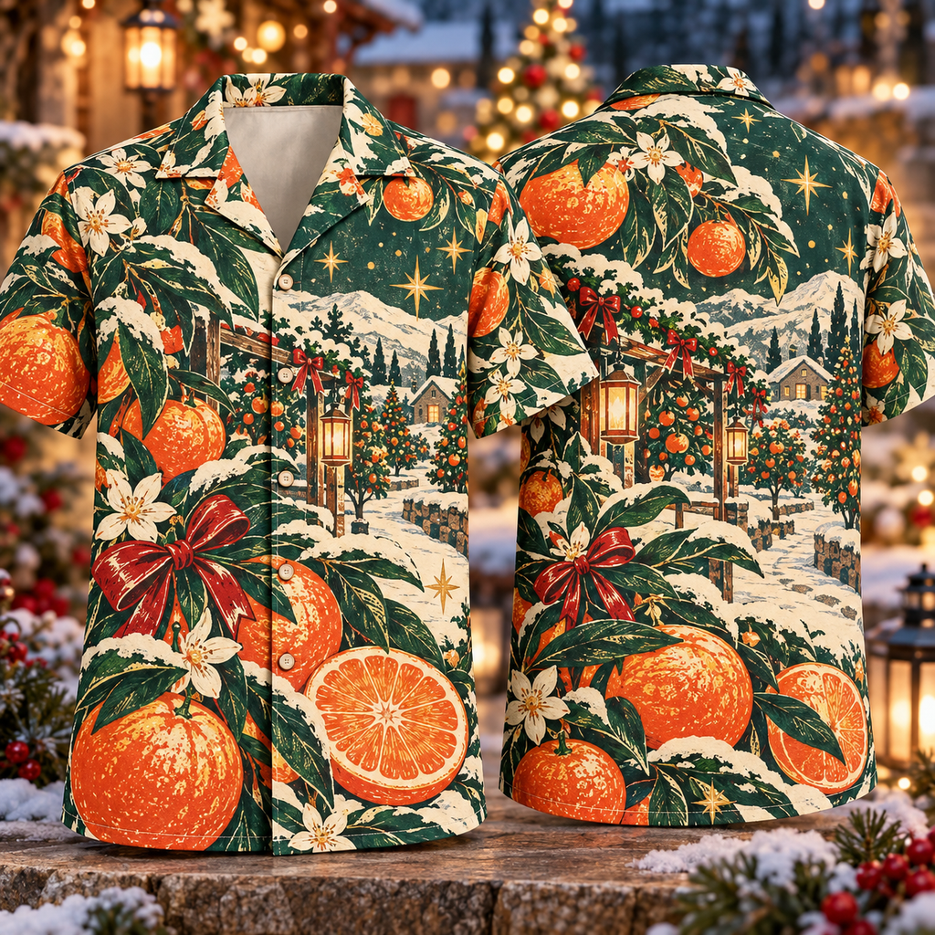 Digital mockup: front and back of one AlohaVero Christmas Linocut Mandarin Orchard Lantern Tangerine Jade Cream No Pocket Hawaiian shirt
