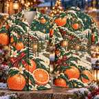 Digital mockup: front and back of one AlohaVero Christmas Linocut Mandarin Orchard Lantern Tangerine Jade Cream No Pocket Hawaiian shirt