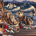 Digital mockup: front and back of one AlohaVero Christmas Linocut Otter Frozen Lake Copper Navy Cream No Pocket Hawaiian shirt