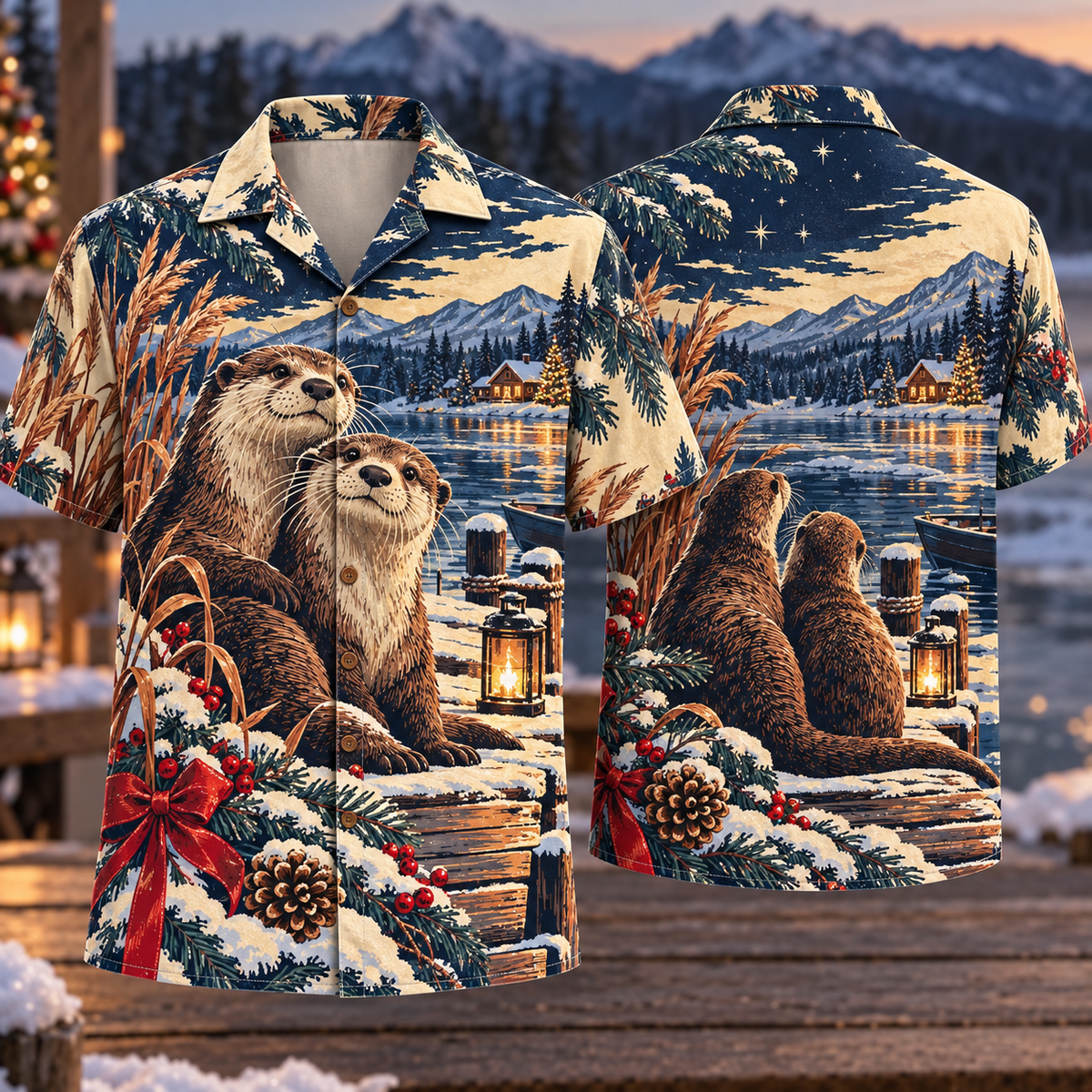 Digital mockup: front and back of one AlohaVero Christmas Linocut Otter Frozen Lake Copper Navy Cream No Pocket Hawaiian shirt