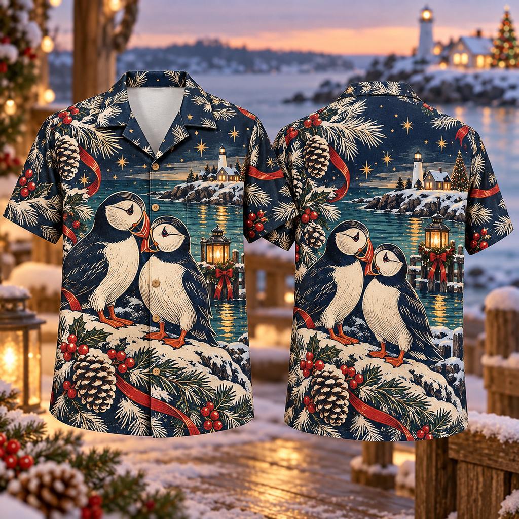 Digital mockup: front and back of one AlohaVero Christmas Linocut Puffin Snowy Coast Navy Rust Ivory No Pocket Hawaiian shirt