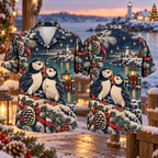 Digital mockup: front and back of one AlohaVero Christmas Linocut Puffin Snowy Coast Navy Rust Ivory No Pocket Hawaiian shirt