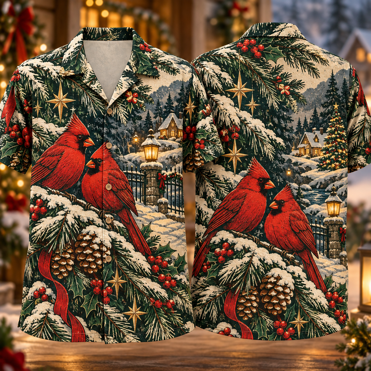 Digital mockup: front and back of one AlohaVero Christmas Linocut Red Cardinal Pine Garden Ruby Forest Ivory No Pocket Hawaiian shirt