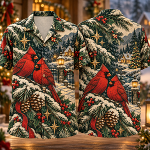 Christmas Linocut Red Cardinal Pine Garden Ruby Forest Ivory Hawaiian Shirt